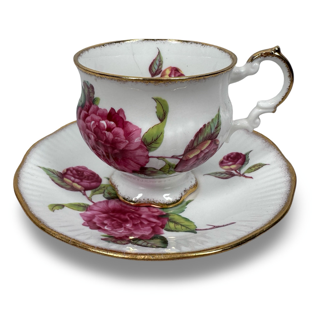 Vintage Royal Crest Teacup & Saucer Pink Rose Gold Trim Fine Bone China England